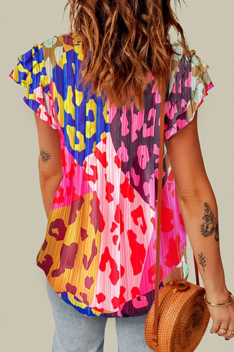 CWOV0446_LEOPARD PRINT THREE-POINT TRIMMED V-NECK TANK TOP