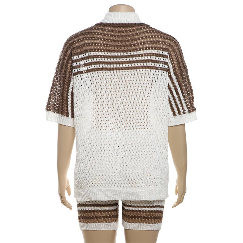 CUT-OUT LAPEL TOP HIGH-WAISTED SHORTS KNIT SUIT