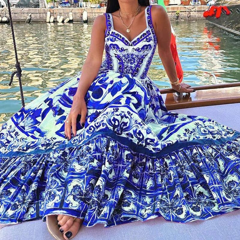 BOHEMIAN STYLE ELEGANT LONG PRINT HALTER DRESS