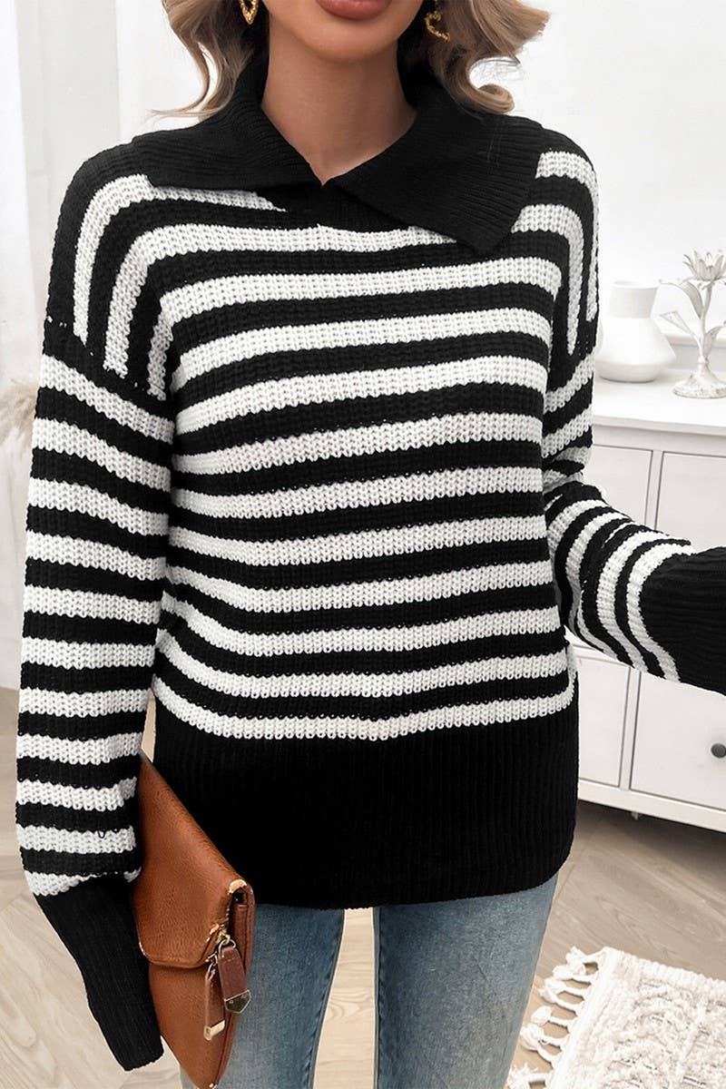 CWOSWL6817_CASUAL LOOSE LAPEL STRIPED LONG SLEEVE SWEATER