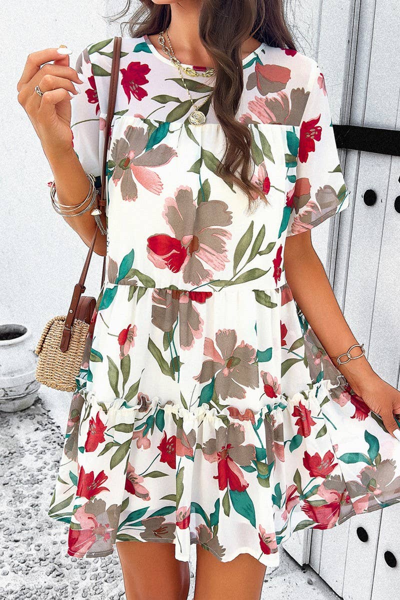 CWDSD7136_2025 LEISURE HOLIDAY PRINT SHORT SLEEVE DRESS