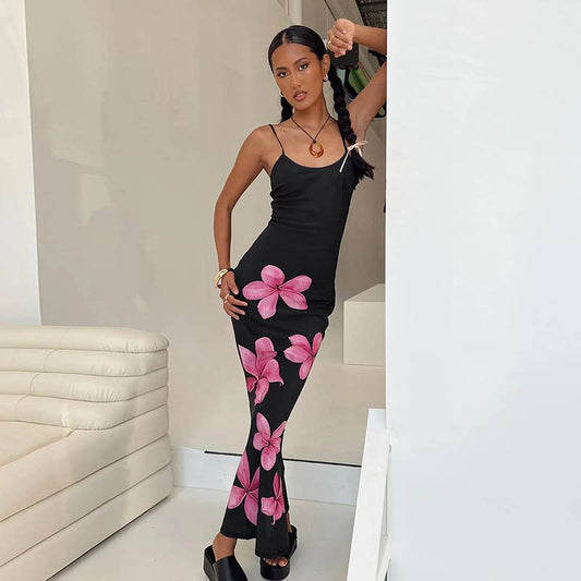 Floral print stretch low-cut long halter dress