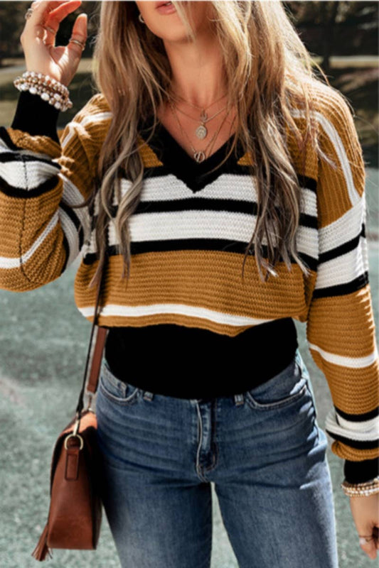CWOSWL6663_CASUAL V-NECK STRIPED LONG-SLEEVED SWEATER
