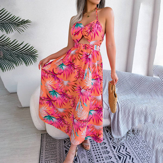 Floral sleeveless halter dress Holiday beach dress