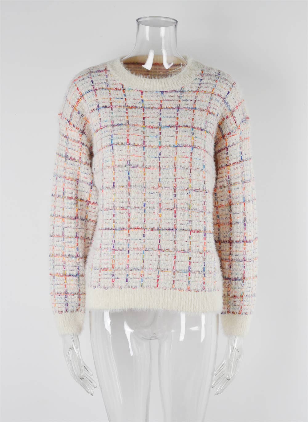 CREW-NECK KNIT FLUFFY PATCHWORK FASHION SWEATER