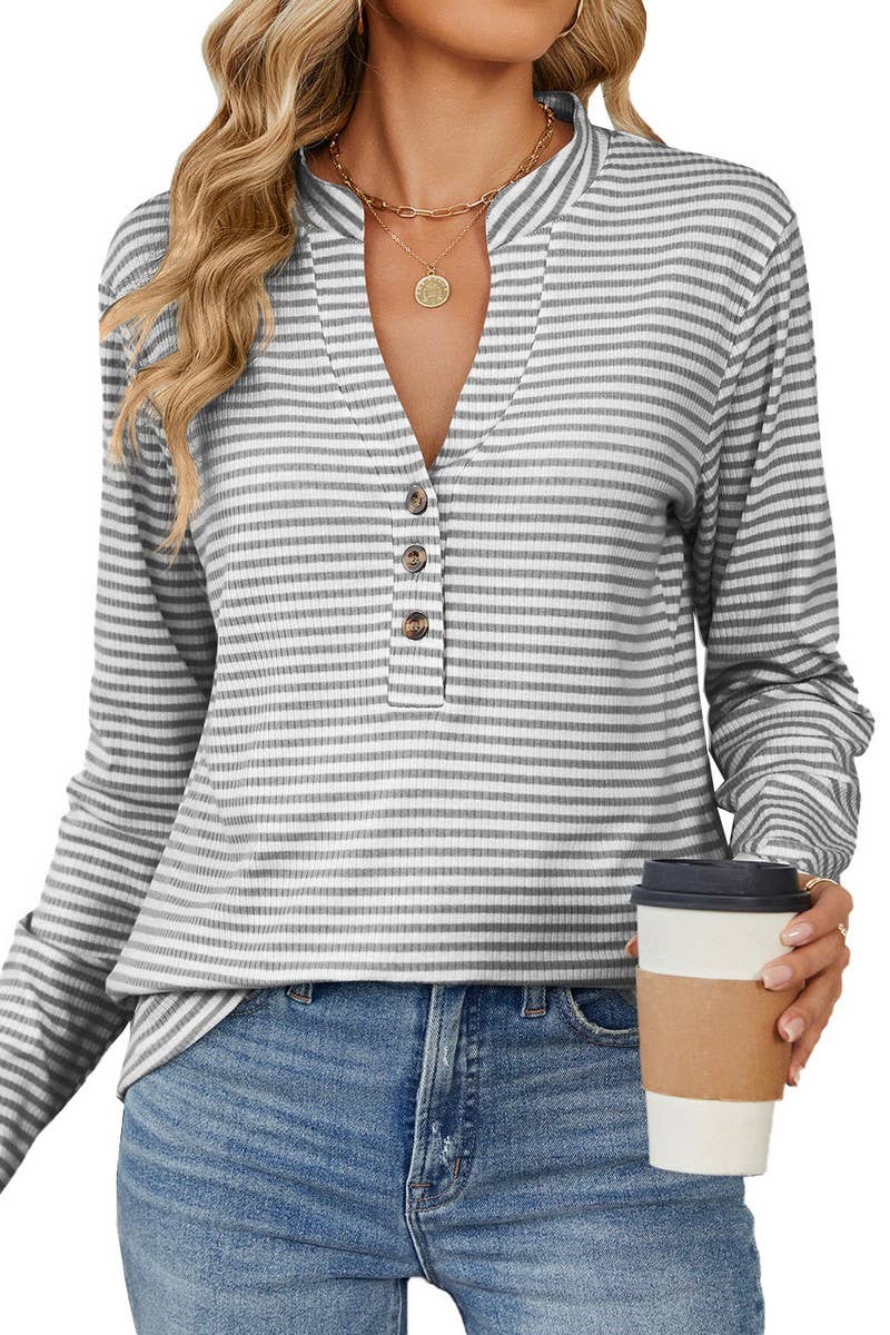 CWTBLL1838_V-NECK BUTTON-DOWN STRIPED CASUAL T-SHIRT TOP