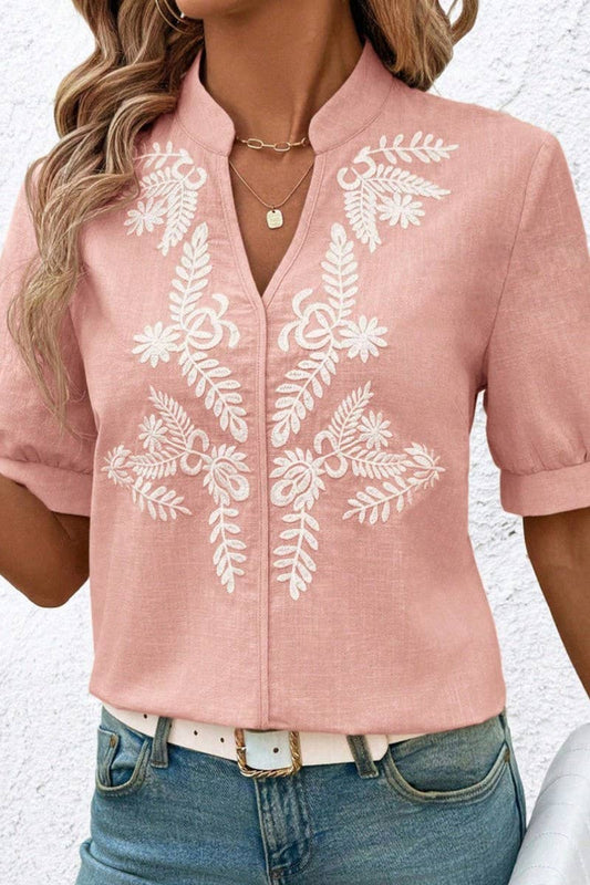 CWTBLS2269_V-NECK COTTON EMBROIDERED SHORT SLEEVE SHIRT