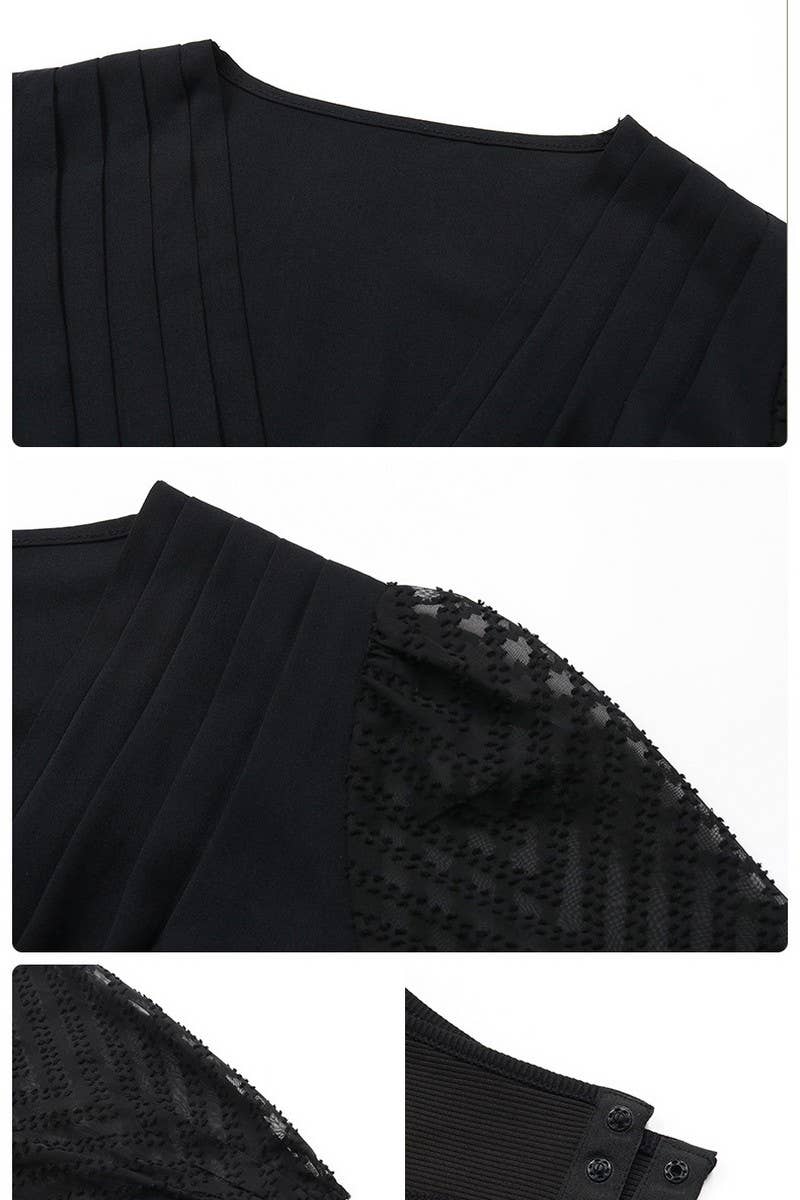 CWSBSL00030_SOLID V-NECK RUFFLE LACE SHEER BODYSUIT