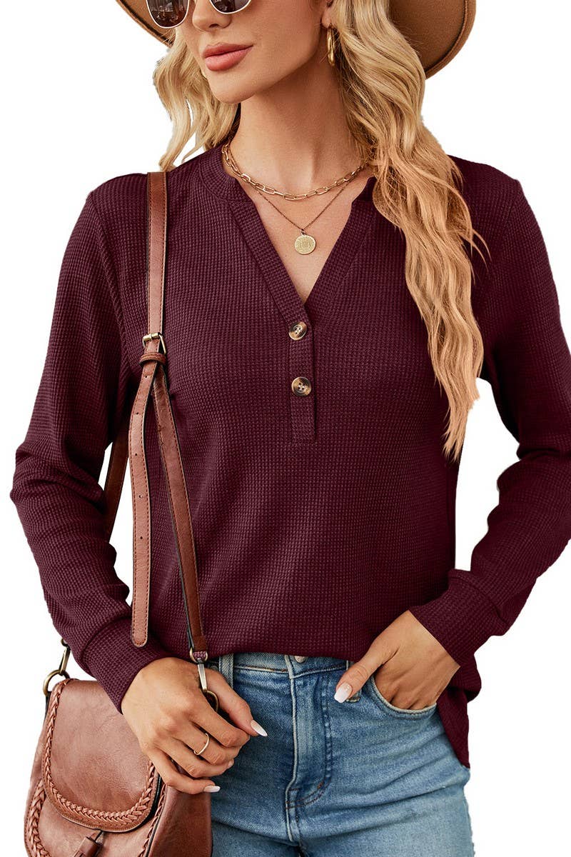 CWTBLL2416_SOLID COLOR V-NECK BUTTON LOOSE T-SHIRT TOP