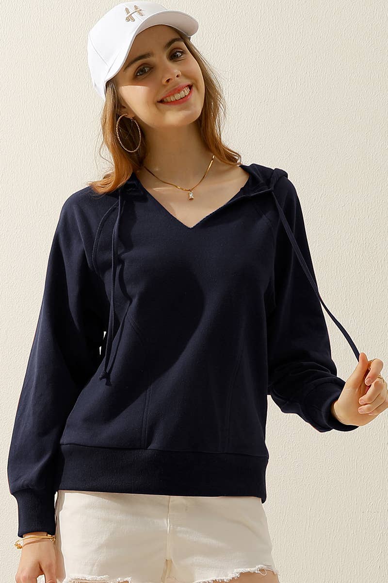 CWOHOL446_V NECK COTTON HOOIDE SWEATSHIRT CASUAL TOP