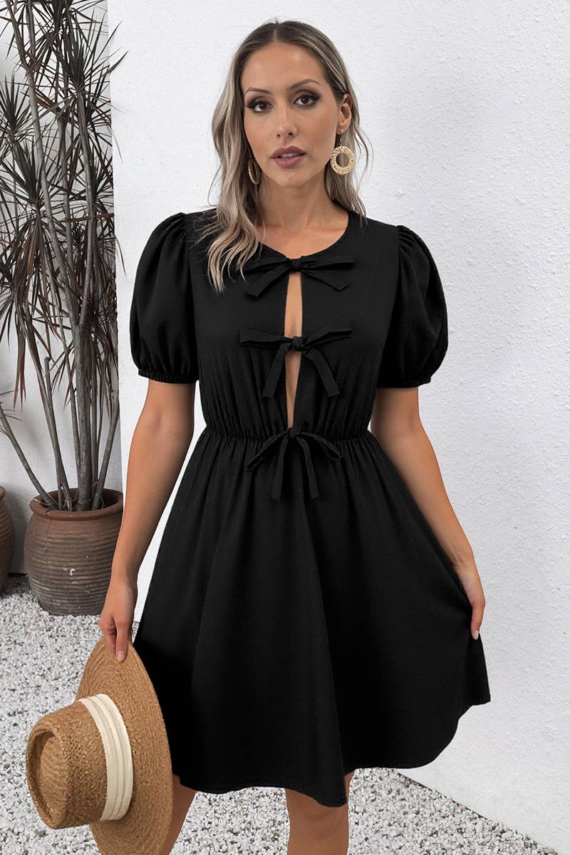 CWDSD7519_ROUND NECK BOW TIE DETAILRETRO STRIPED DRESS