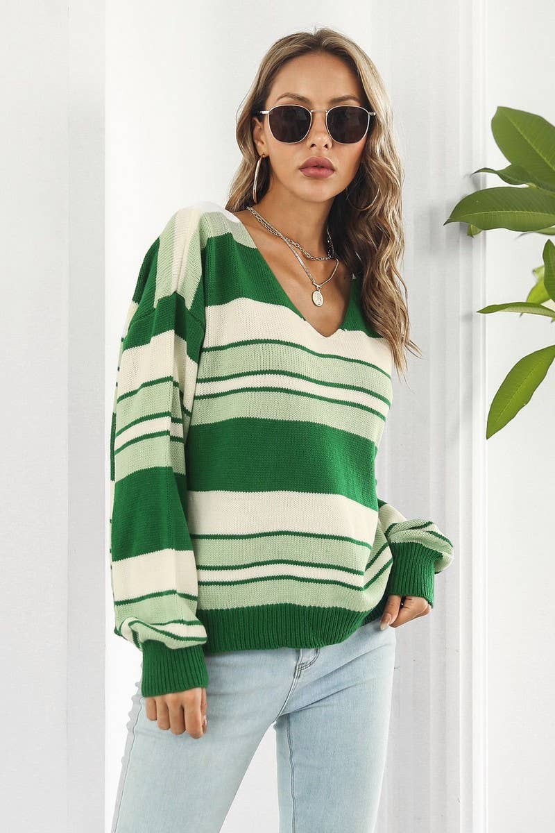 CWOSWL4085_STRIPED GRADIENT V-NECK LONG SLEEVE KNIT SWEATER