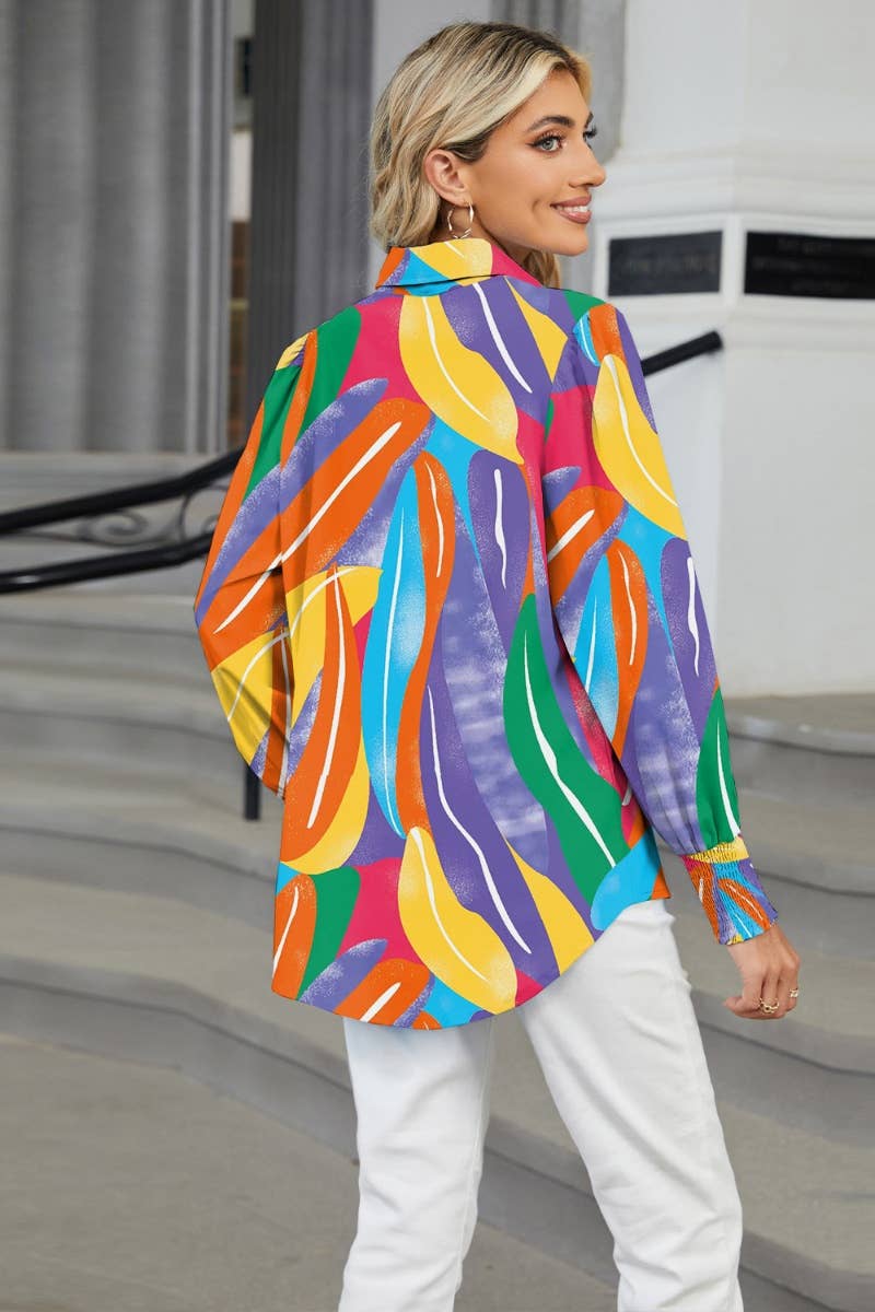 CWTSTL2302_HOLIDAY PRINTED LONG-SLEEVED LANTERN SLEEVE SHIRT