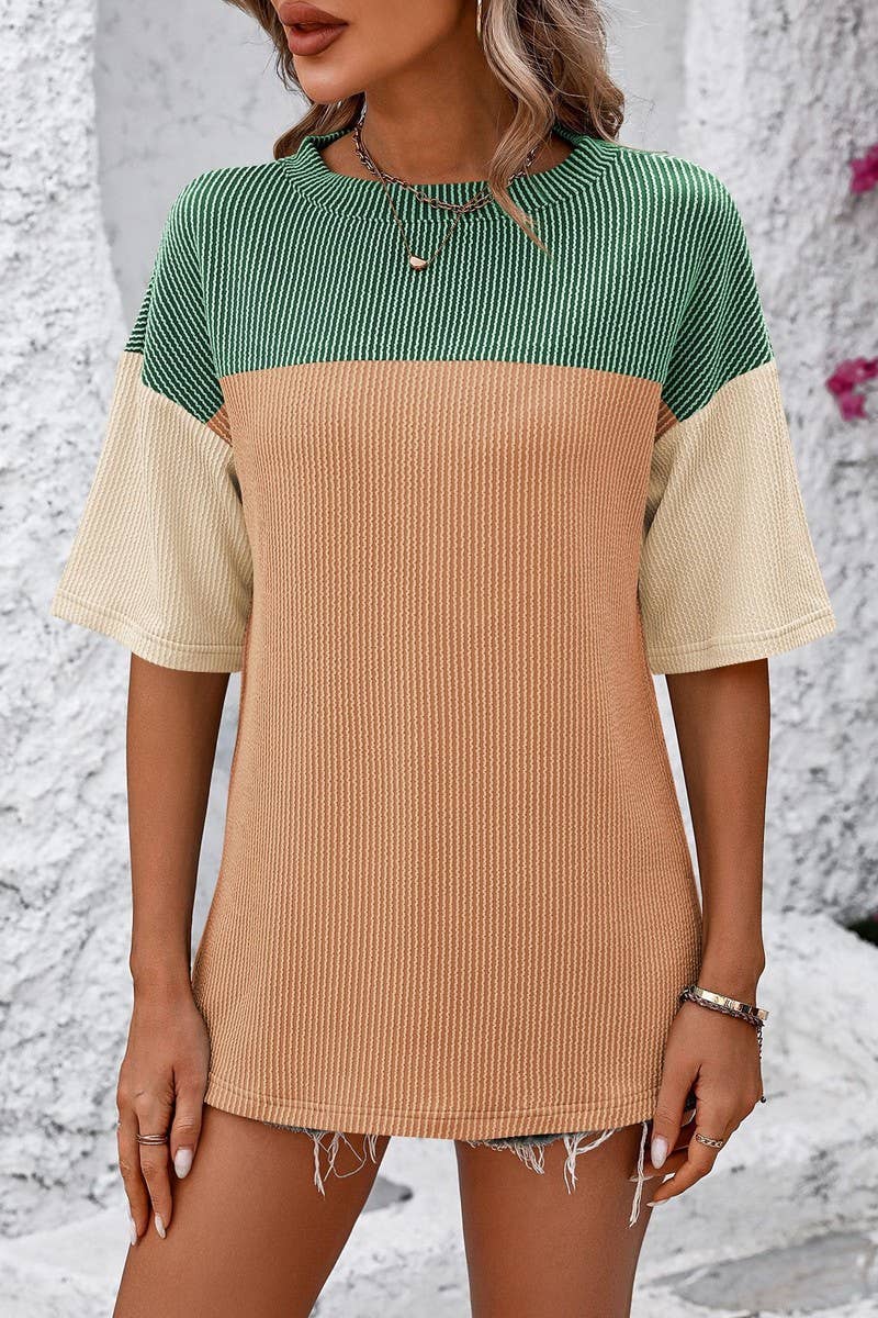 CWTTS1317_SUMMER ROUND NECK COLOR BLOCK LOOSE T-SHIRT