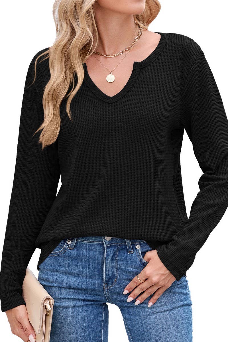 CWTBLL01294_V-NECK WAFFLE LONG-SLEEVED LOOSE T-SHIRT TOP
