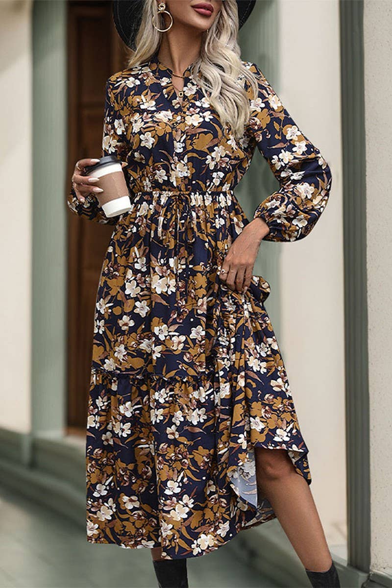 CWDMD3569_VINTAGE PRINT LONG SLEEVE V NECK DRESS