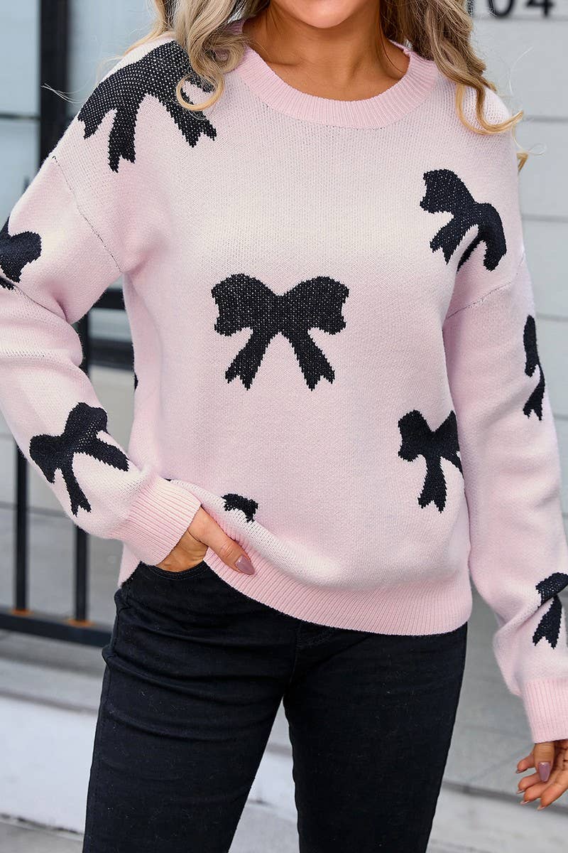 CWOSWL3097_BOW PRINT KNITTED LONG-SLEEVED SWEATER