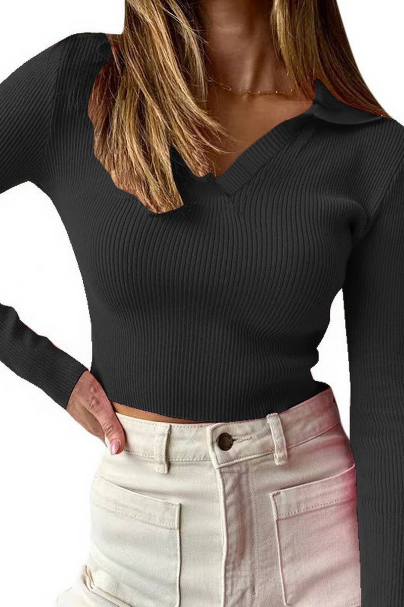 CWTBLL3774_POLO NECK NAVEL RIBBED KNIT LONG SLEEVE TOP