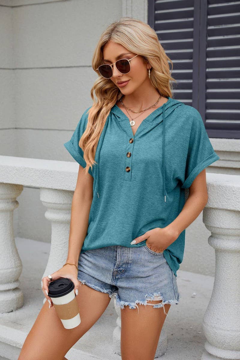 CWOHOS0016_Button Neck Short Sleeve Hoodi Knit Top