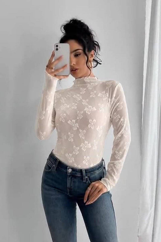 CWTBLL3922_BUTTERFLY JACQUARD MESH MOCK NECK SLIM FIT TEE