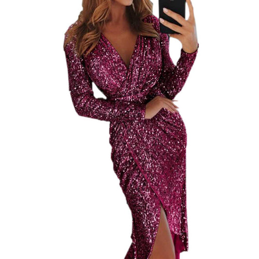 A gilded long-sleeved V-neck shiny evening dress