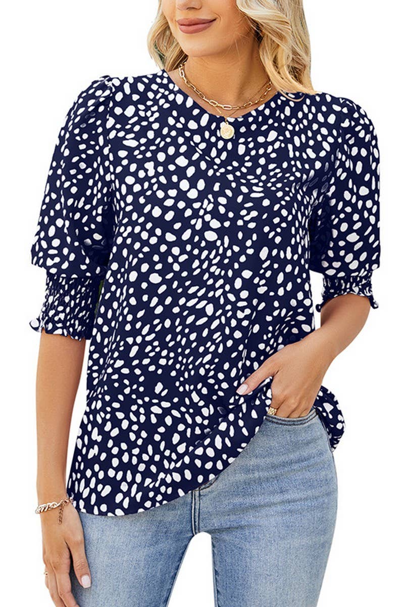CWTBLS1600_ROUND NECK PRINTED SHORT-SLEEVED CHIFFON SHIRT