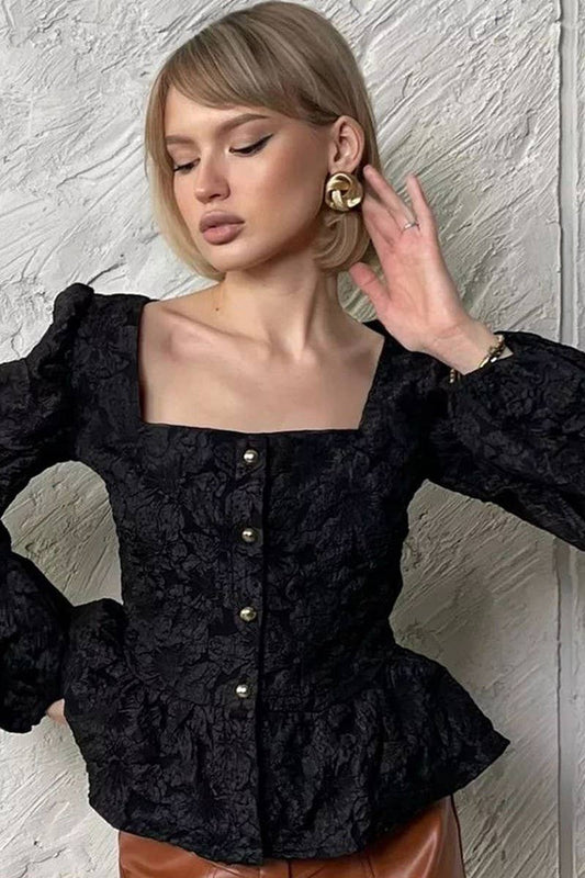 CWTBLL558_SQUARE NECK JACQUARD PUFF SLEEVE SHIRT