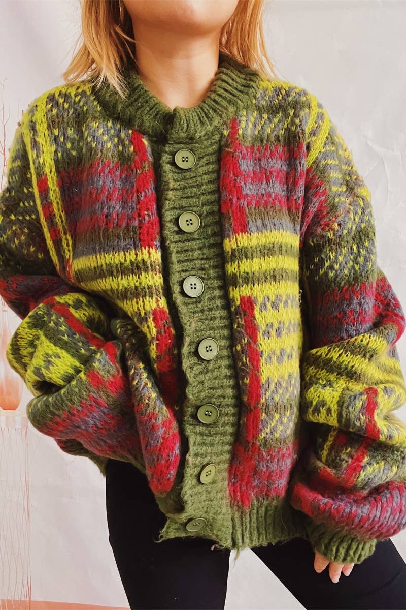 CWOCAL1274_COLOR CONTRAST STRIPE PULLED WOOL THICK CARDIGAN