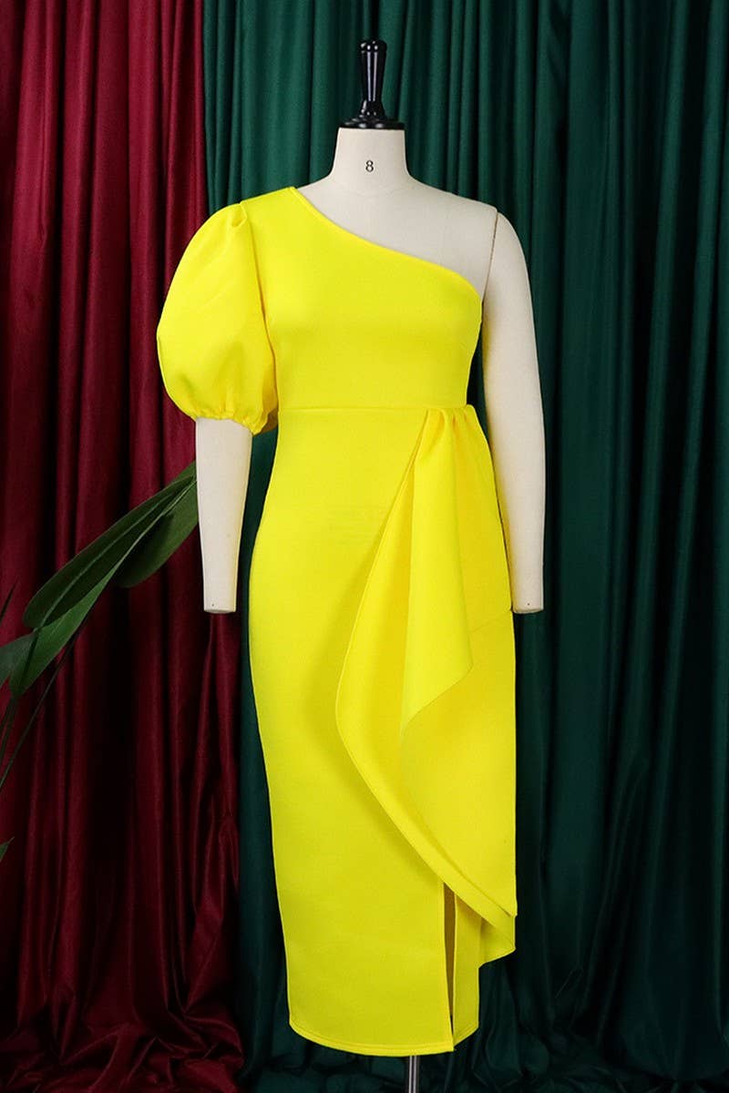 CWDMD1731_PLUS SIZE SLOPE NECK SLIT RUFFLED MIDI DRESS