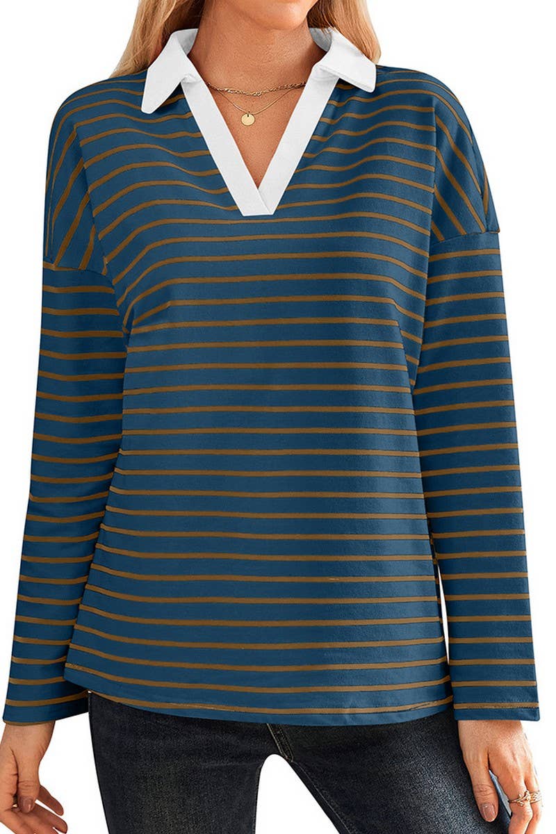CWTBLL3674_STRIPED V-NECK LOOSE LAPEL SWEATSHIRT TOP
