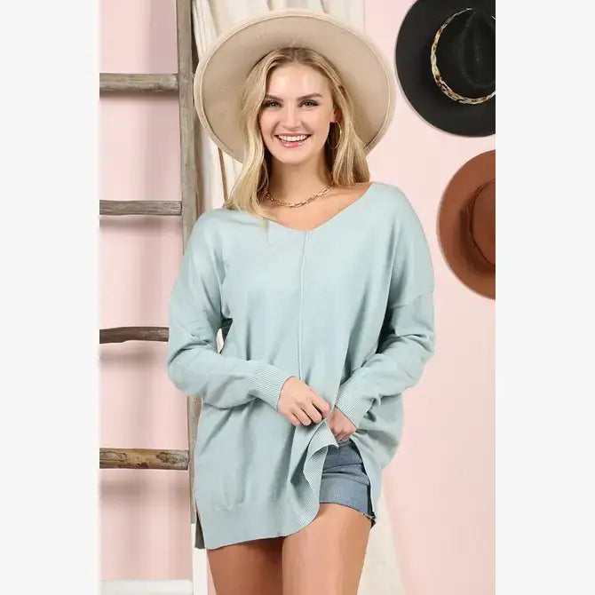 CWOSWL1826_V NECK LOOSE FIT TUNIC LENGTH SOFT SWEATER TOP