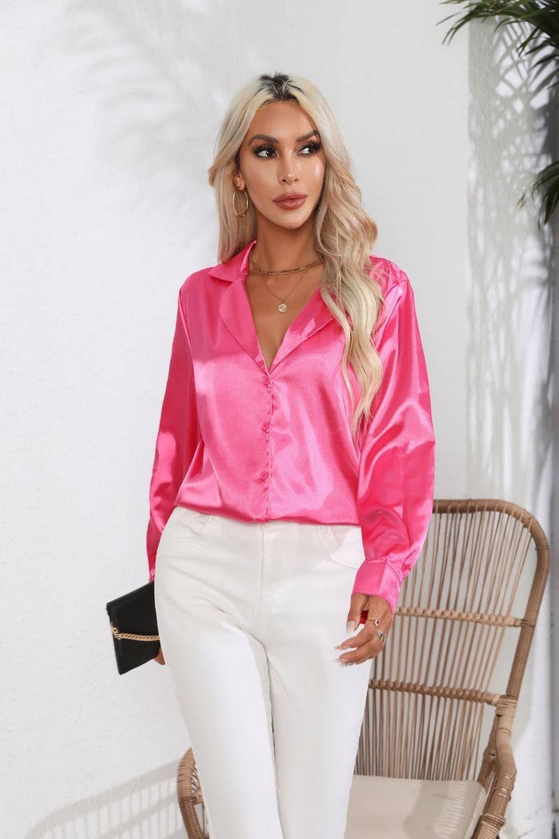 CWTBLL0693_Button Down Silky Satin Long Sleeve Top