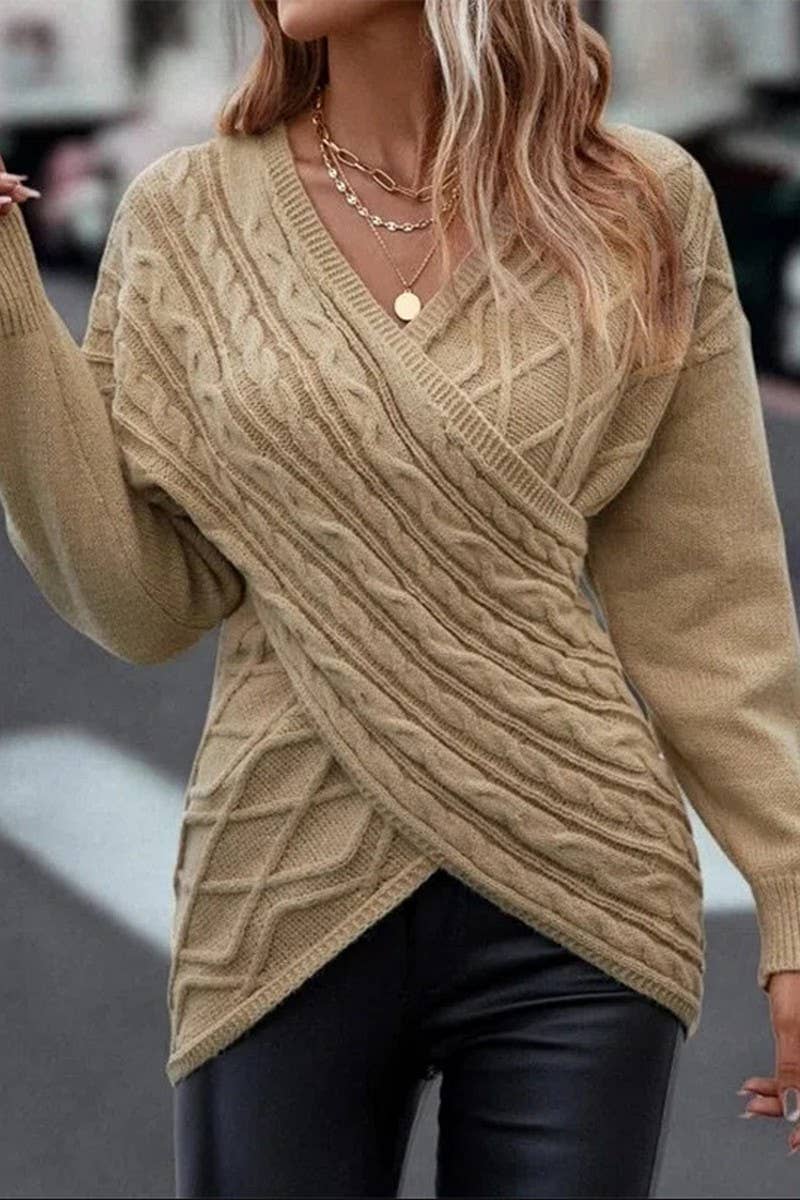 CWOSWL6535_SOLID COLOR V-NECK CROSS JACQUARD CASUAL SWEATER