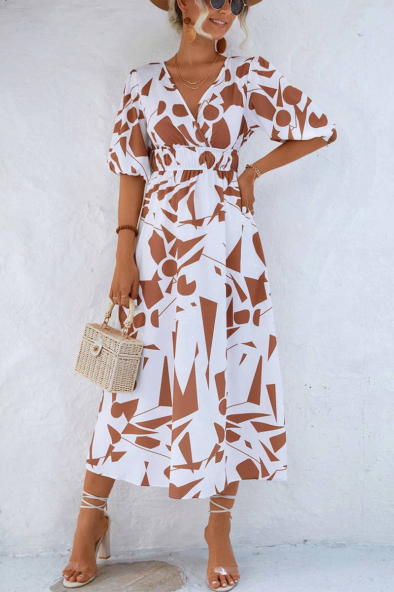 CWDTD0404_WOMEN'S V-NECK PUFF SLEEVE DRESS