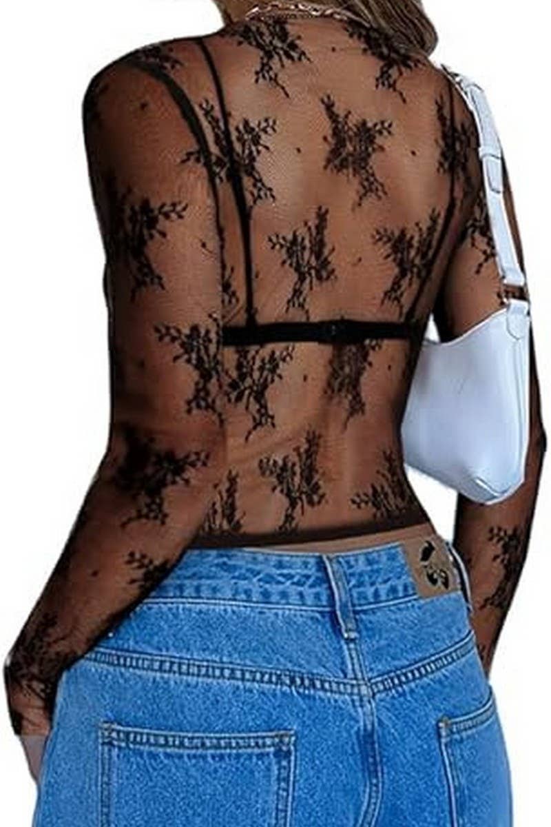 CWTBLL3950_SHEER LACE LONG SLEEVE SLIM FIT MESH TOP