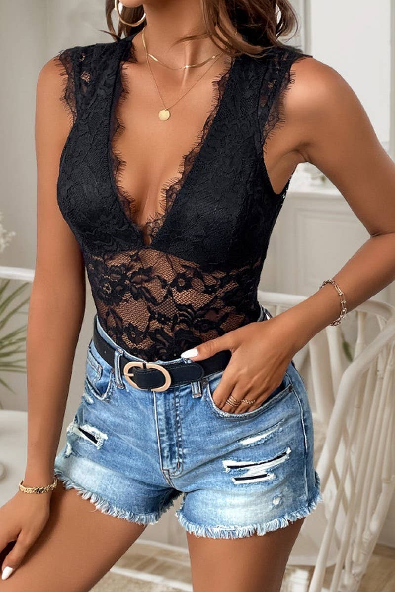 CWSBSSL0104_SUMMER V-NECK LOW-CUT LACE STITCHING SEXY JUMPSU