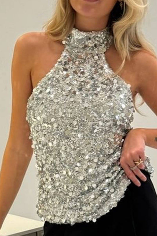 CWTHT0161_SLEEVELESS SEQUINED HALTER NECK PARTY TOP