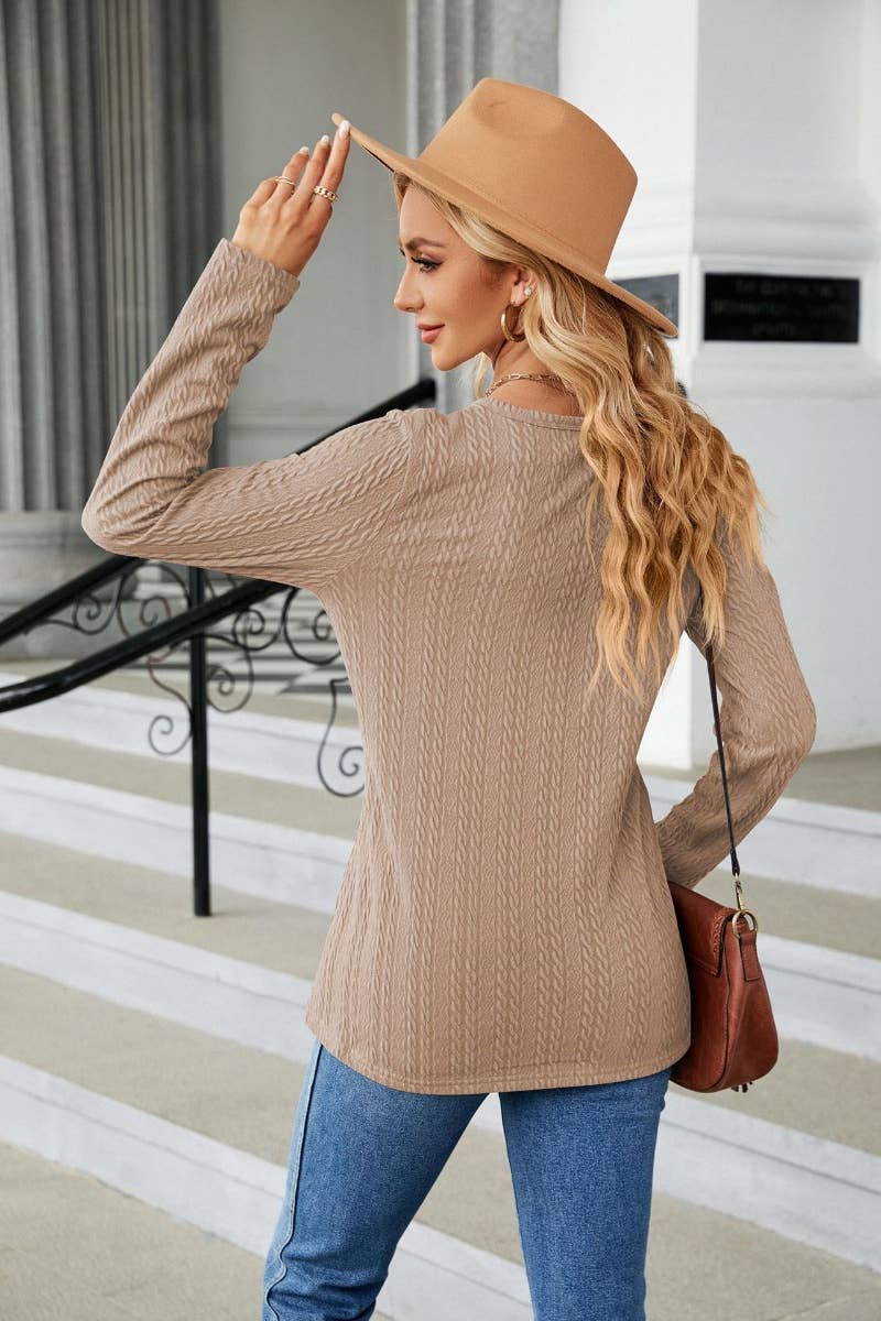CWTBLL2807_WINTER V-NECK BUTTON-UP LONG-SLEEVED TOP