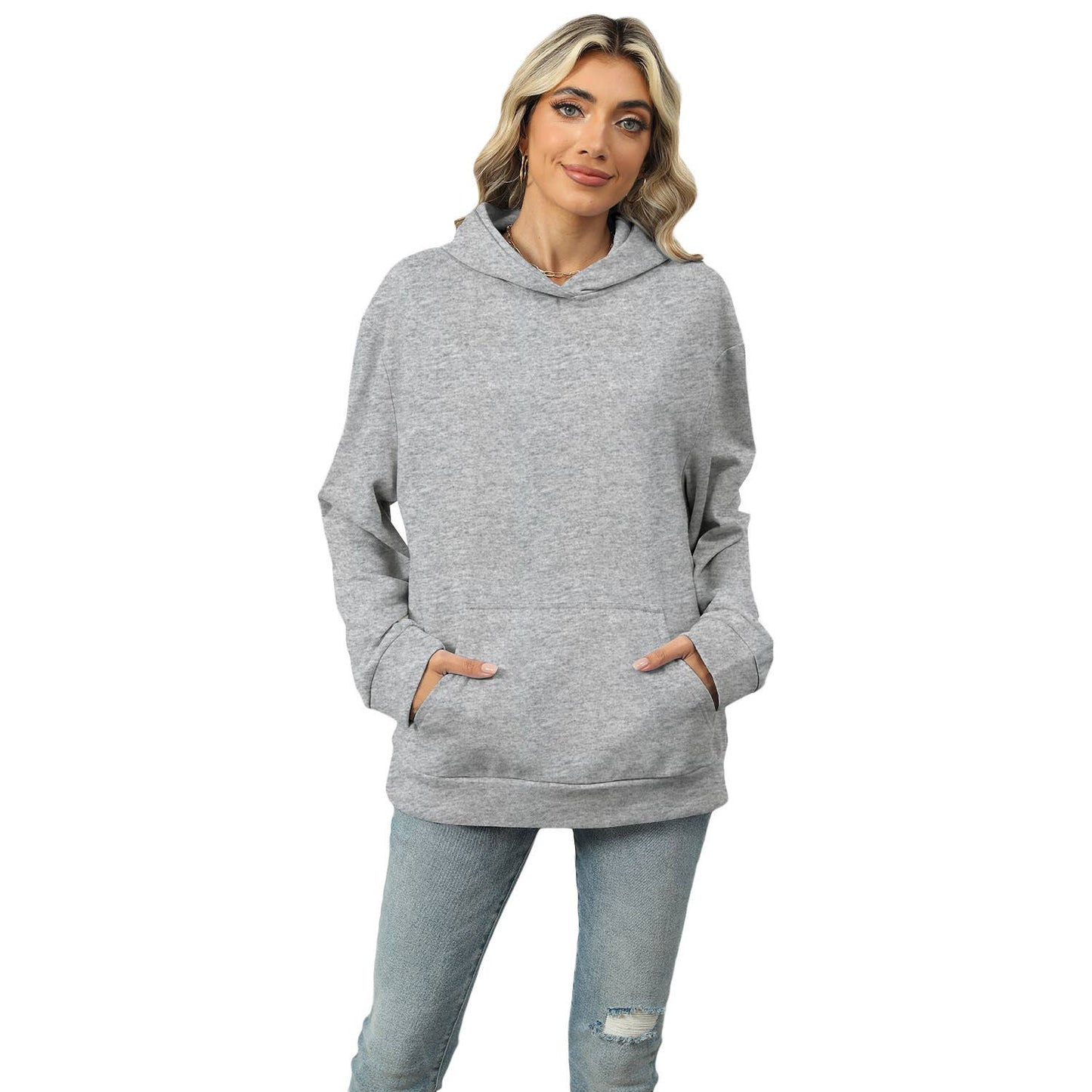 CASUAL HOODED POCKET HOODIE SOLID COLOR TOP