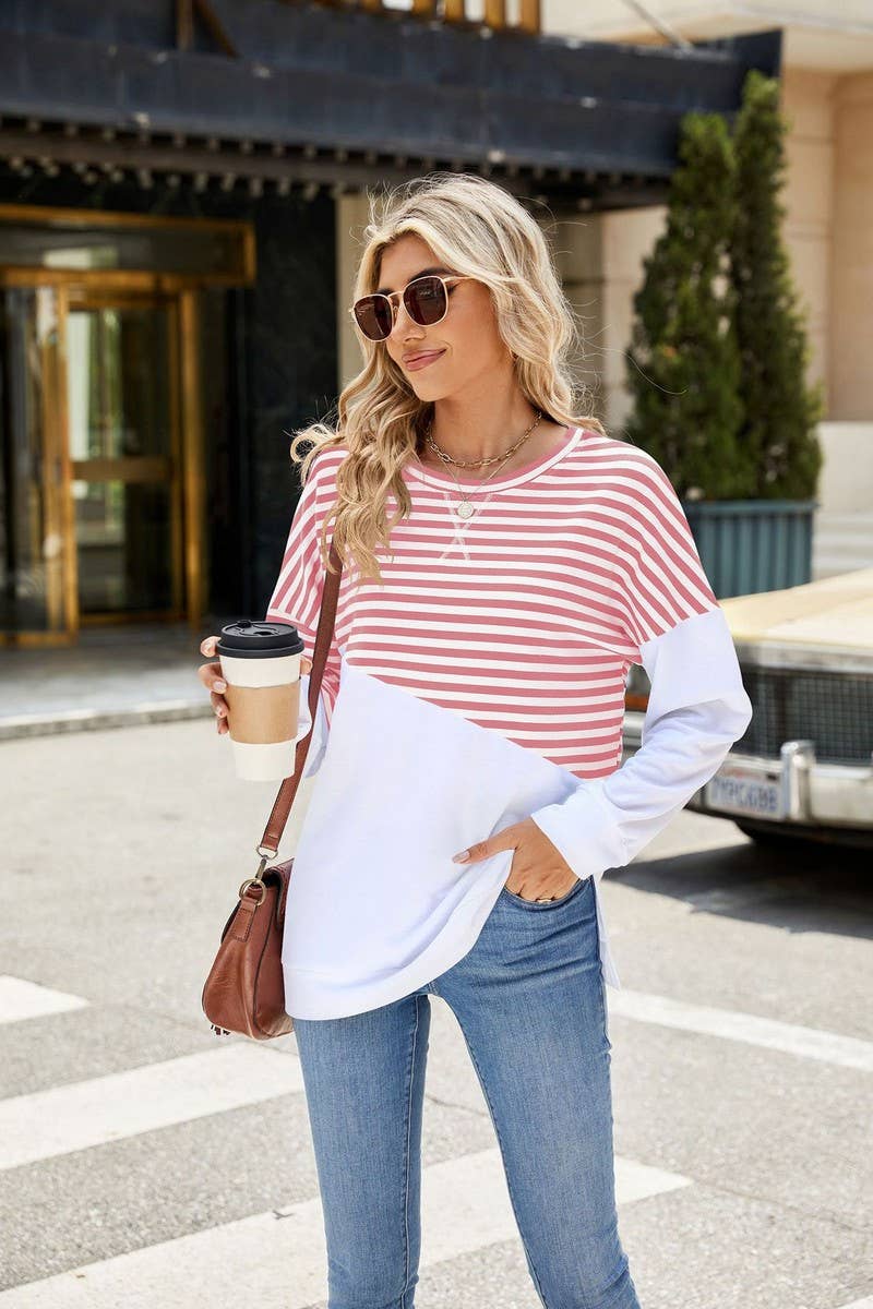 CWTBLL2368_ROUND NECK SLIT CONTRAST STRIPE SWEATSHIRT