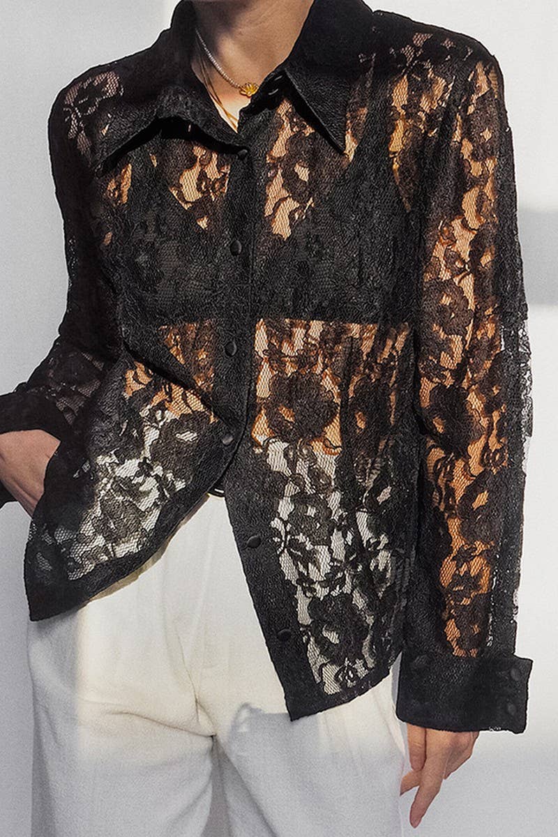 CWTSTL897_SOLID COLOR HOLLOW JACQUARD LONG-SLEEVED SHIRT