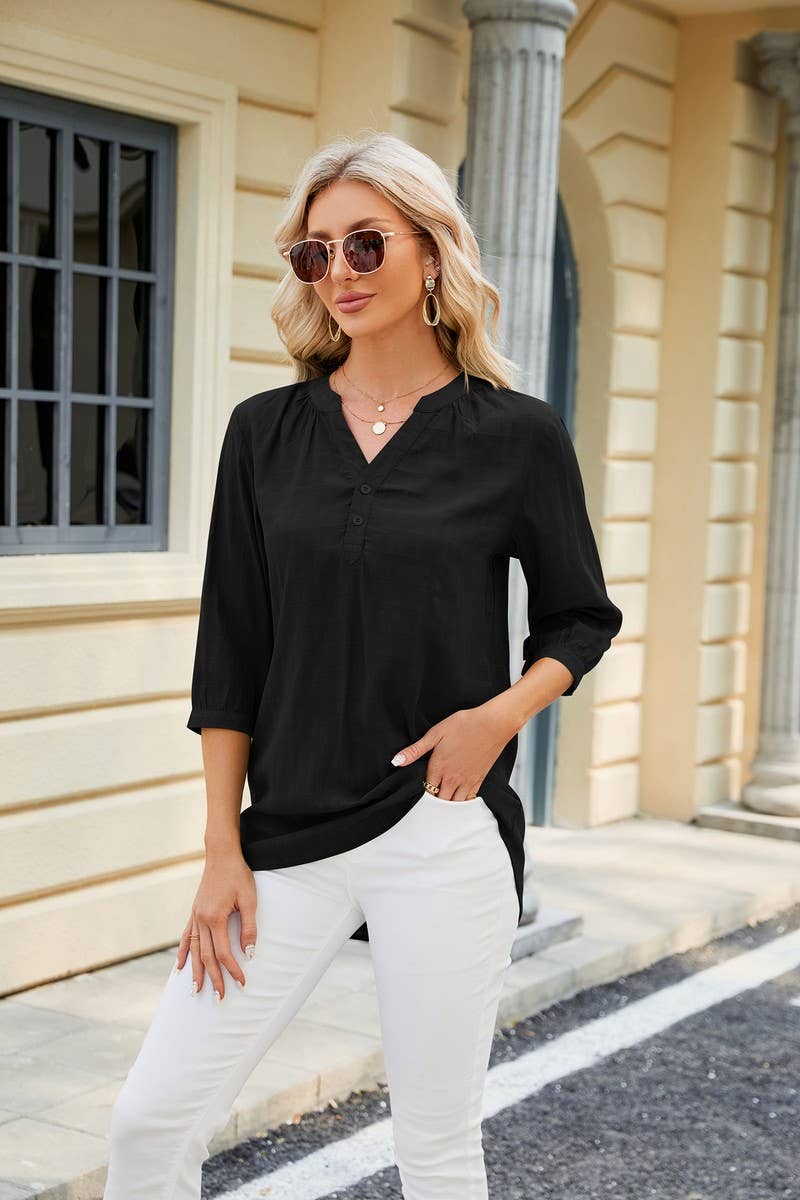 CWTTS0829_3/4 Sleeve V Neck Knit Top