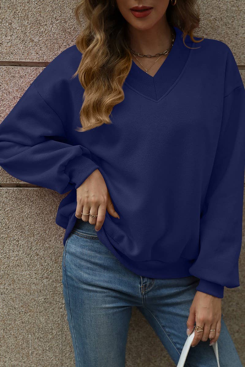 CWTBLL4011_SOLID V-NECK FLEECE LINED LOOSE FIT SWEATSHIRT