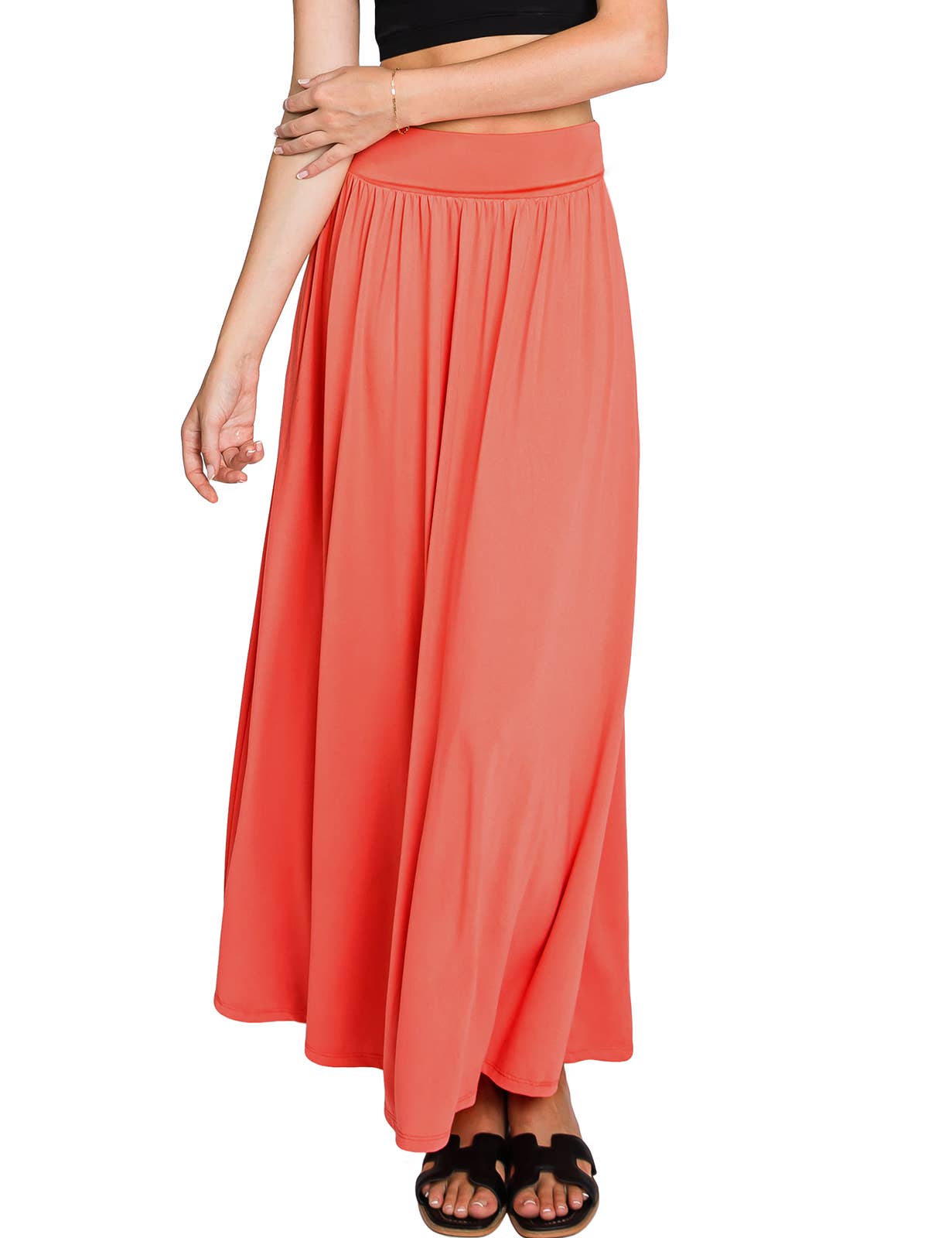 AWBLS089_High Waist Elastic Closure Gather Maxi Skirt