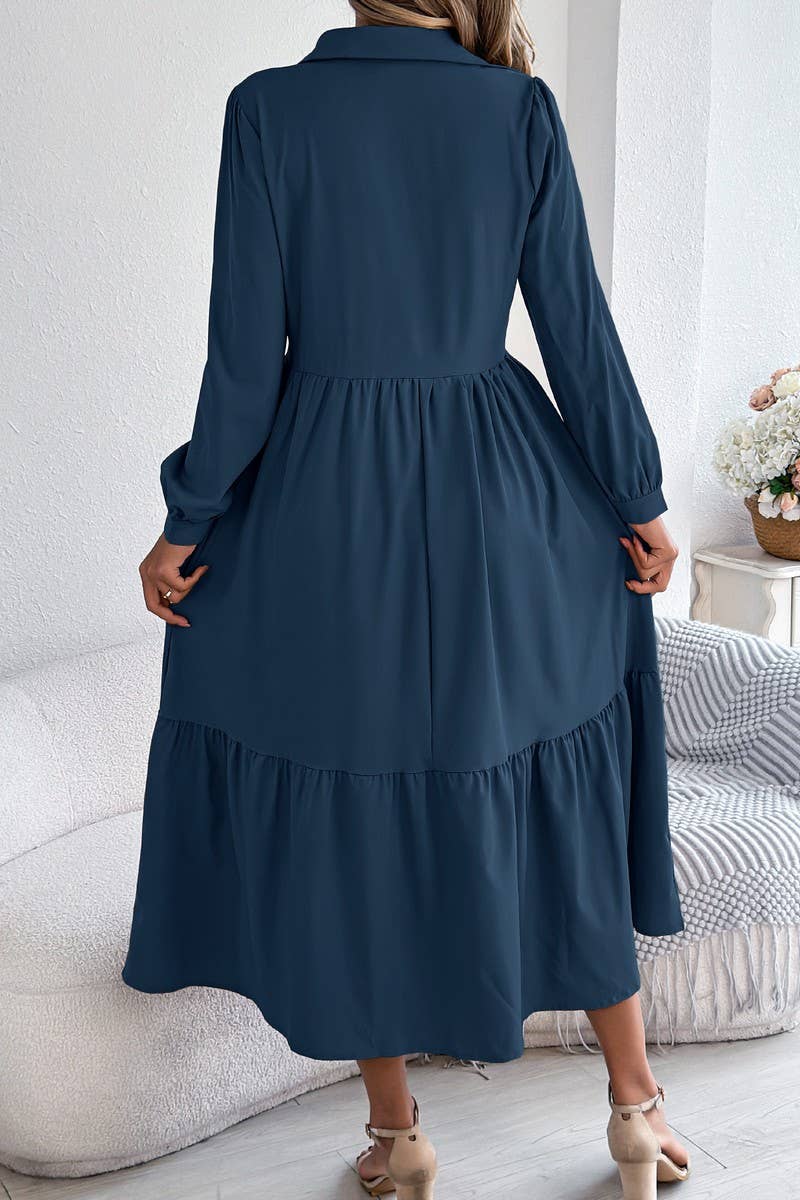 CWDMD6027_LOOSE FIT RUFFLE TRIM LONG SLEEVE SHIRT DRESS