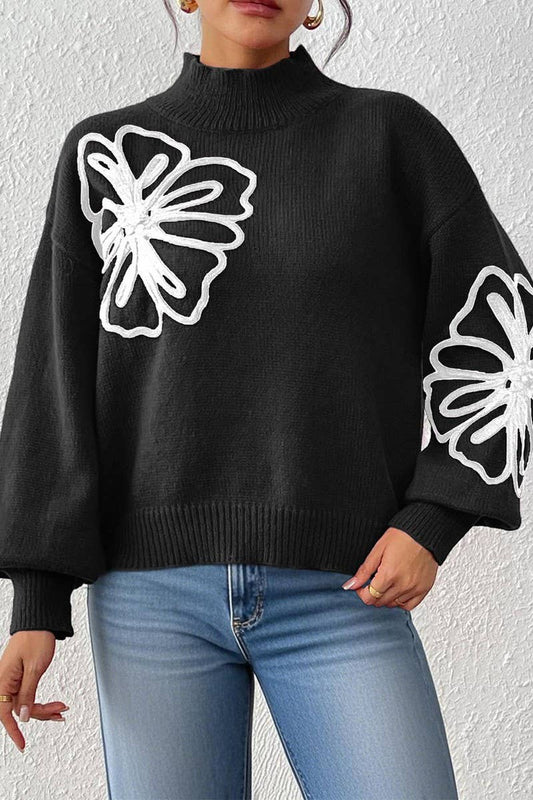 CWOSWL07331_WOMEN RIBBON EMBROIDERED LANTERN SLEEVE SWEATER