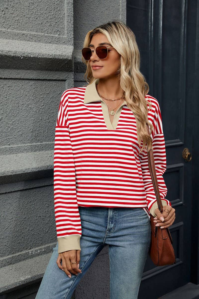 CWTBLL2361_CONTRAST COLOR LAPEL LOOSE STRIPED SWEATSHIRT