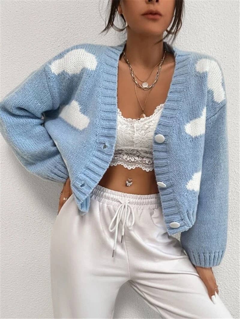 Cloud-shaped off-the-shoulder knitted cardigan