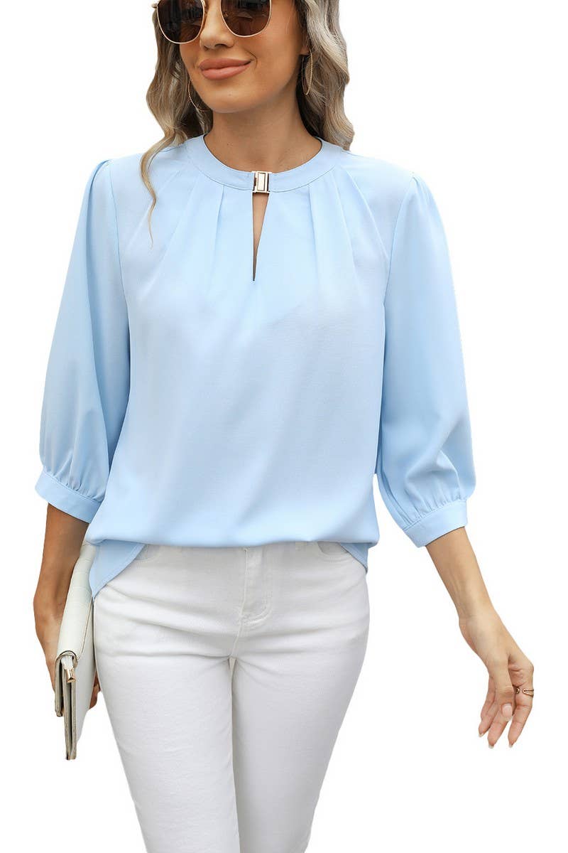 CWTBLL3673_KEYHOLE V NECK 3/4 SLEEVE LOOSE CHIFFON TOP