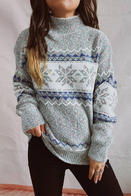 Chenille snowflake jacquard half turtleneck sweater